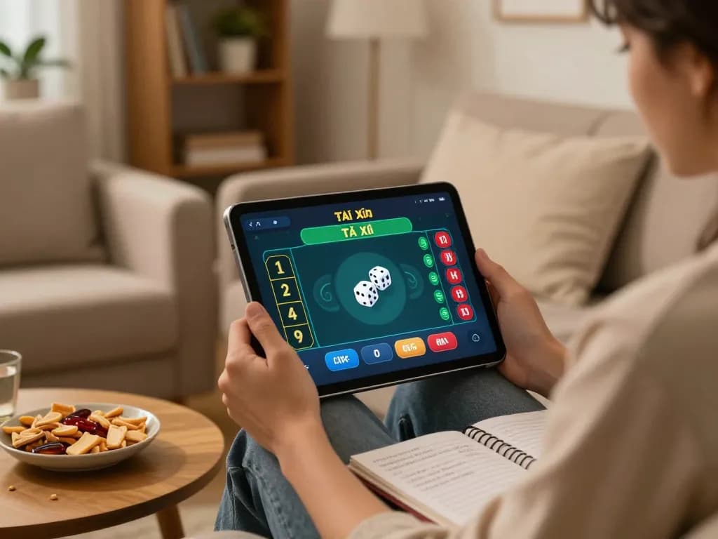 Tài Xỉu online gaming scene with player strategizing on tablet, showcasing responsible gambling practices.