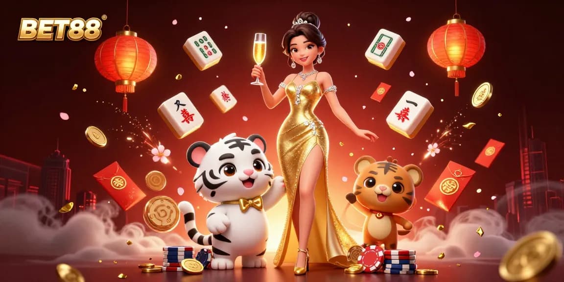 Visualize BET88's energetic casino experience with a glamorous woman and a lucky tiger.