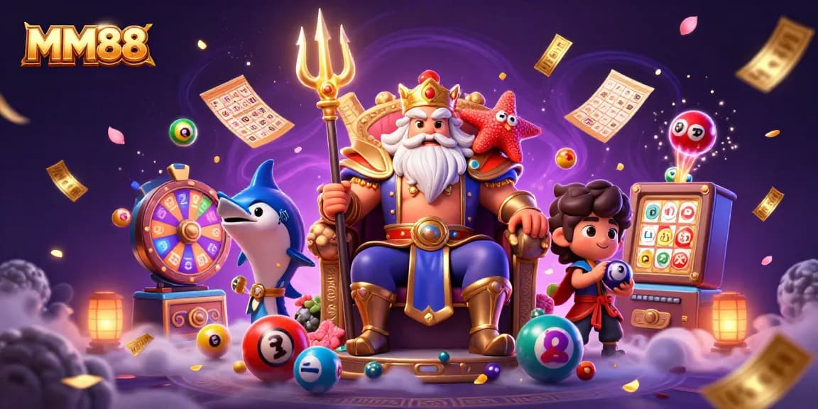 Experience the excitement of MM88 with a vibrant 3D illustration showcasing casino games.