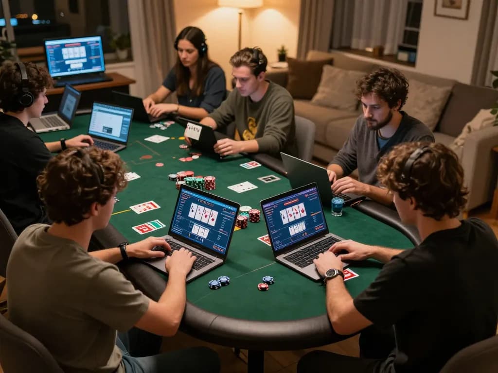 Active online poker scene featuring players engaged in a game at home, showcasing hay88x platform dynamics