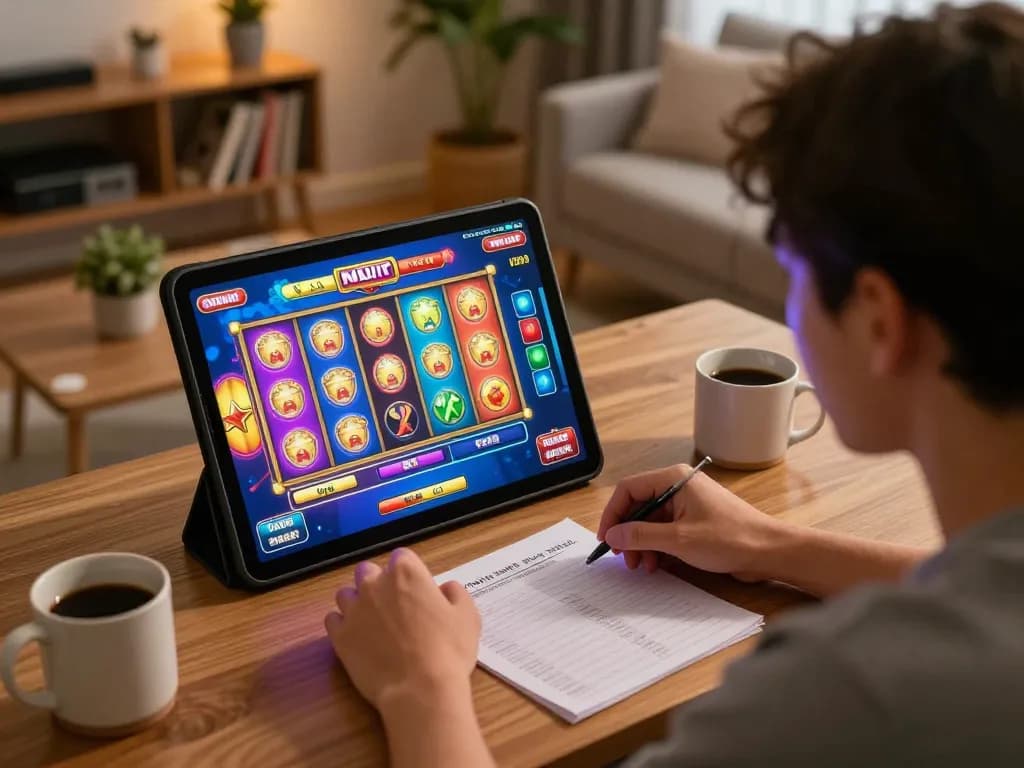 Engaging Slot Malaysia gameplay on a tablet in a cozy home setting, highlighting strategic betting elements.