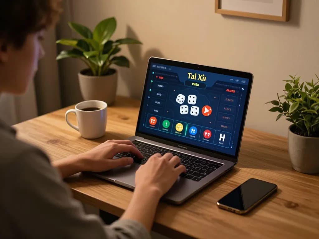 A player engaging in Tài Xỉu gameplay on a laptop at home, showcasing dynamic betting options and a cozy setup.