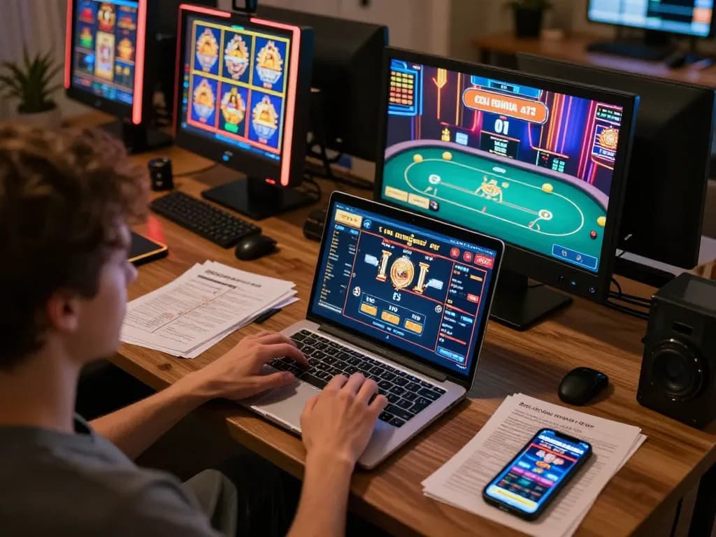 Engaging scene of jjun88 online gaming with vibrant slots interface and player strategy notes