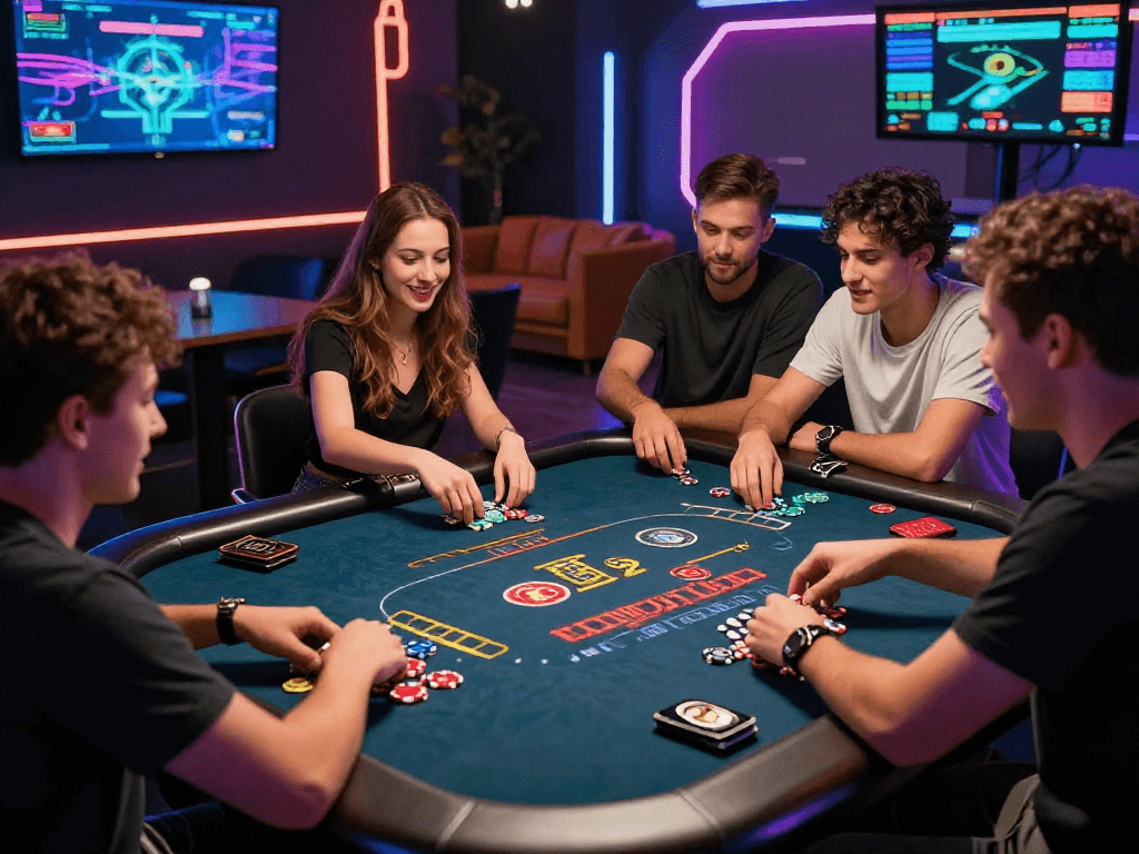 Thrilling group playing digital poker at a vibrant crypto casino with neon lights and interactive screens.