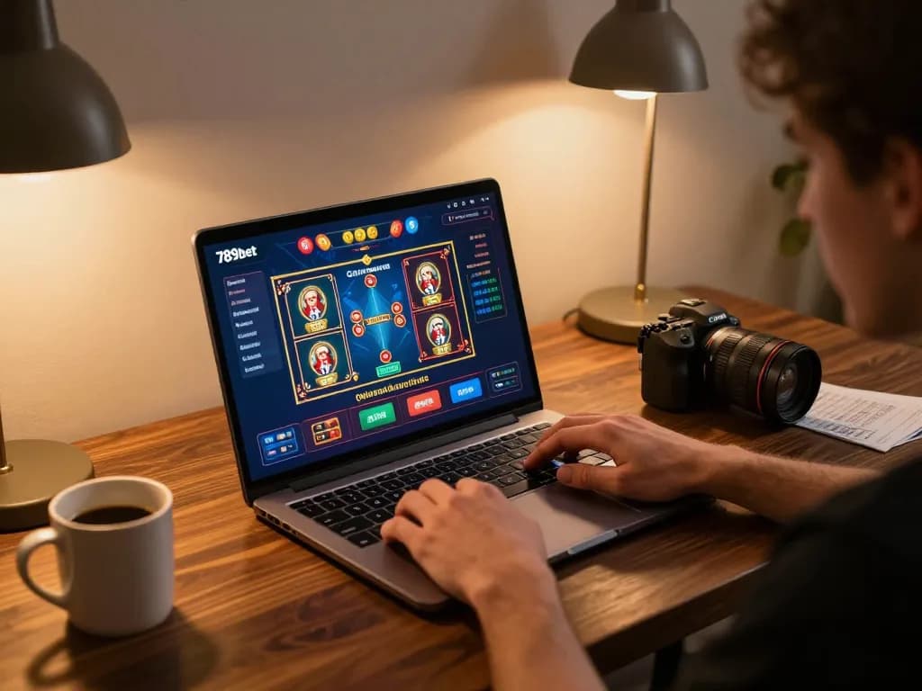 Player enthusiastically engages in online gaming with 789bet on a laptop, showcasing a vibrant casino interface.