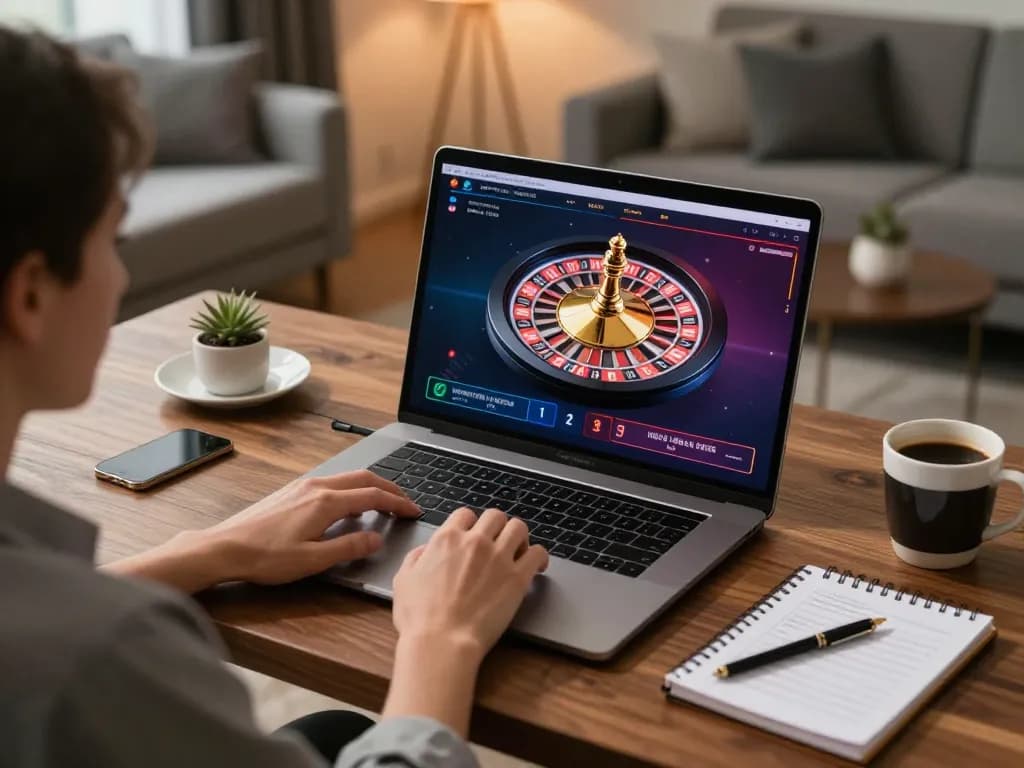Engaging in live dealer roulette on 23win with a laptop in a stylish home office.