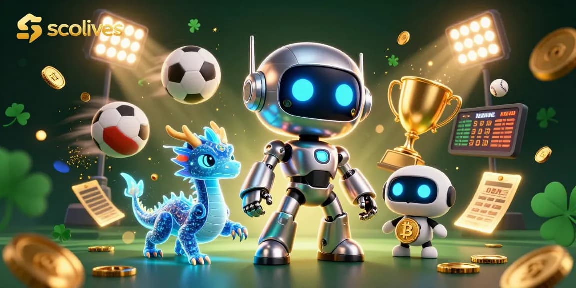 Socolives enhances your sports betting experience with dynamic illustrations featuring cyberpunk robots, sports elements, and a bitcoin drone.