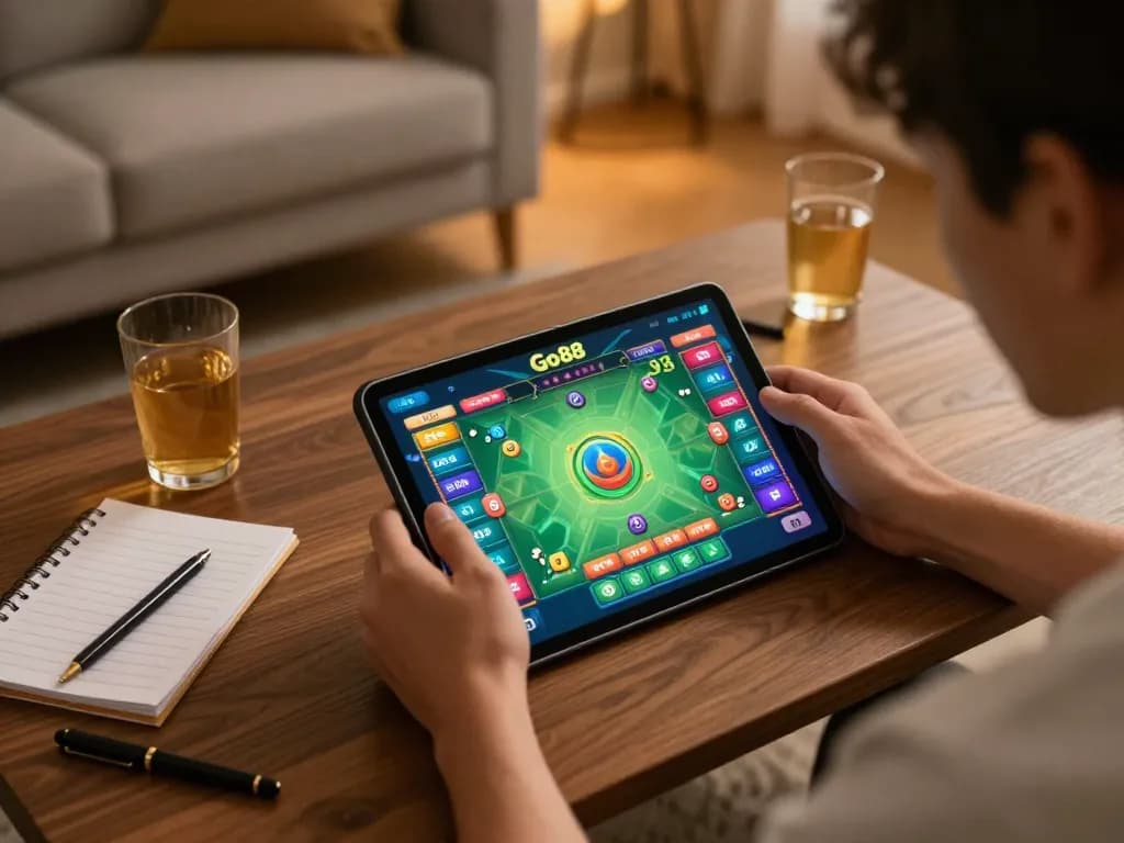 Playing Go88 on a tablet in a cozy living room, enjoying online casino games with vibrant graphics and warm ambiance