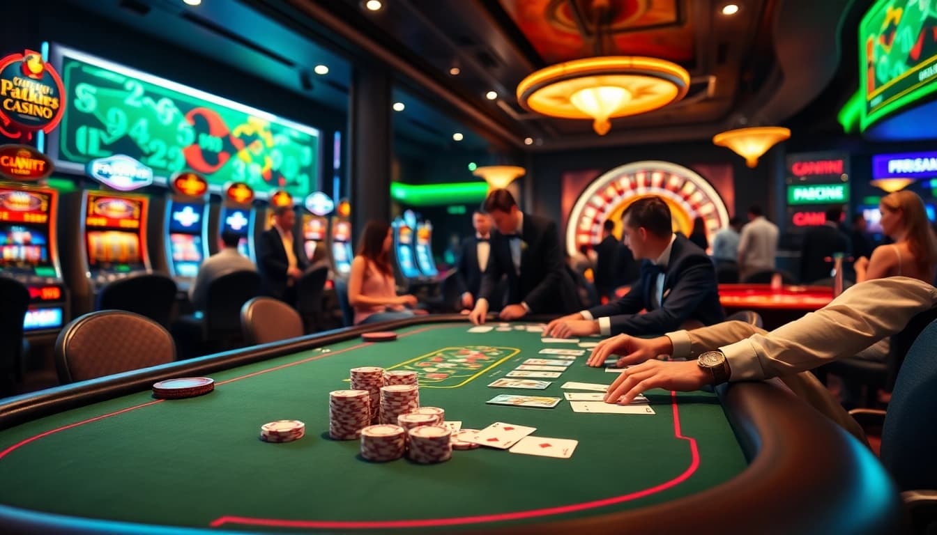 Exciting casino action featuring 65A poker table and vibrant slot machines.