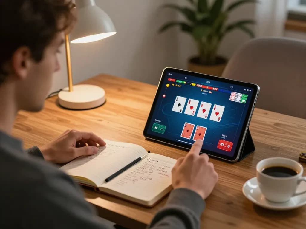 Player using a tablet for online poker at home, immersed in the bl555 gaming experience.
