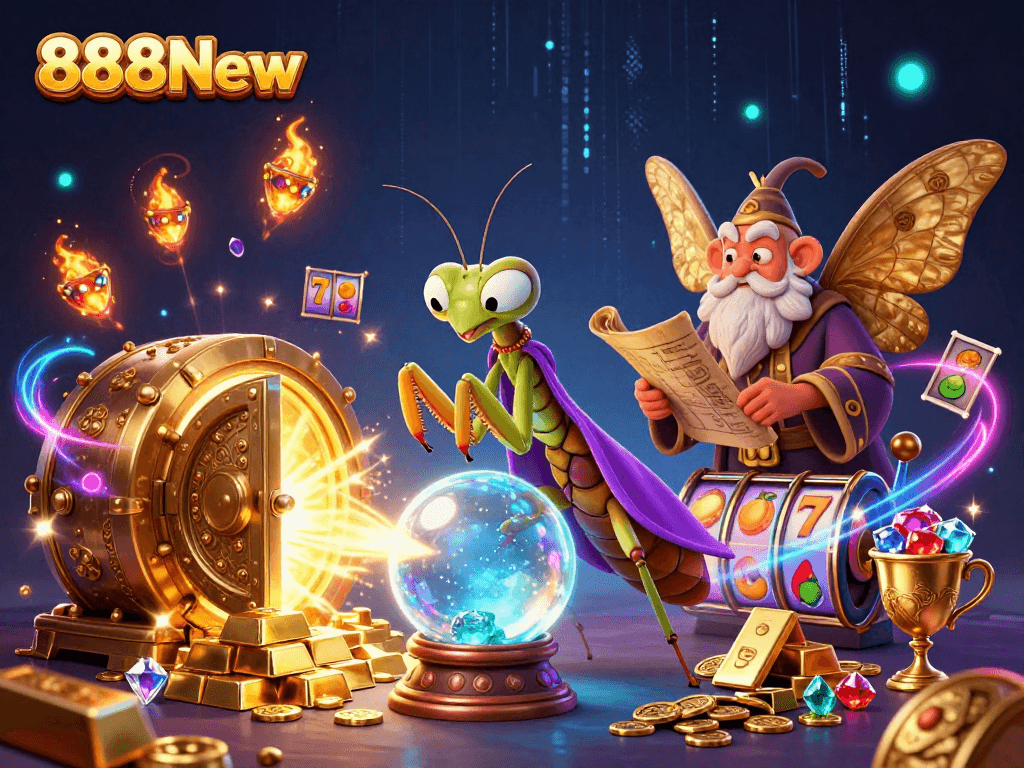 Spin the reels at 888New with vibrant characters and shimmering treasures in a dynamic casino scene.