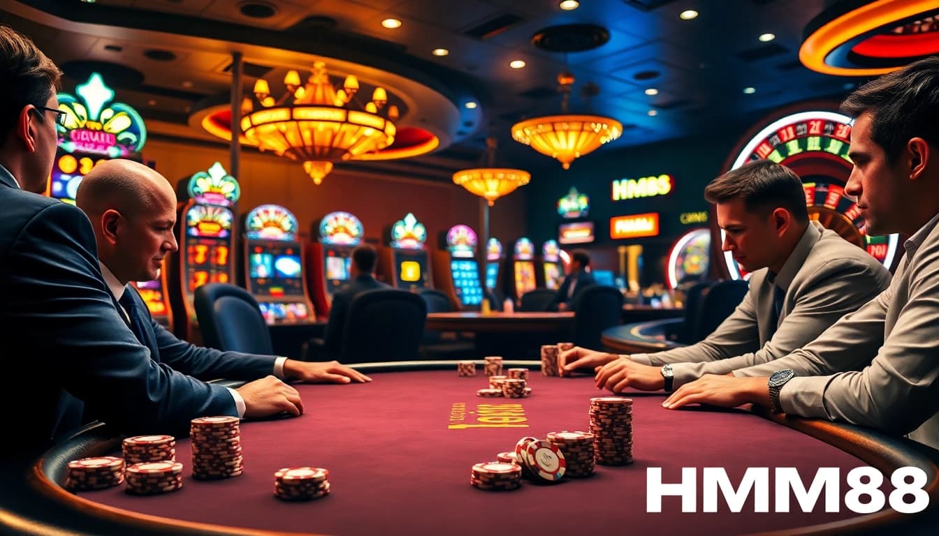 High-stakes poker action at HM88 casino, featuring chips, cards, and vibrant slot machines.