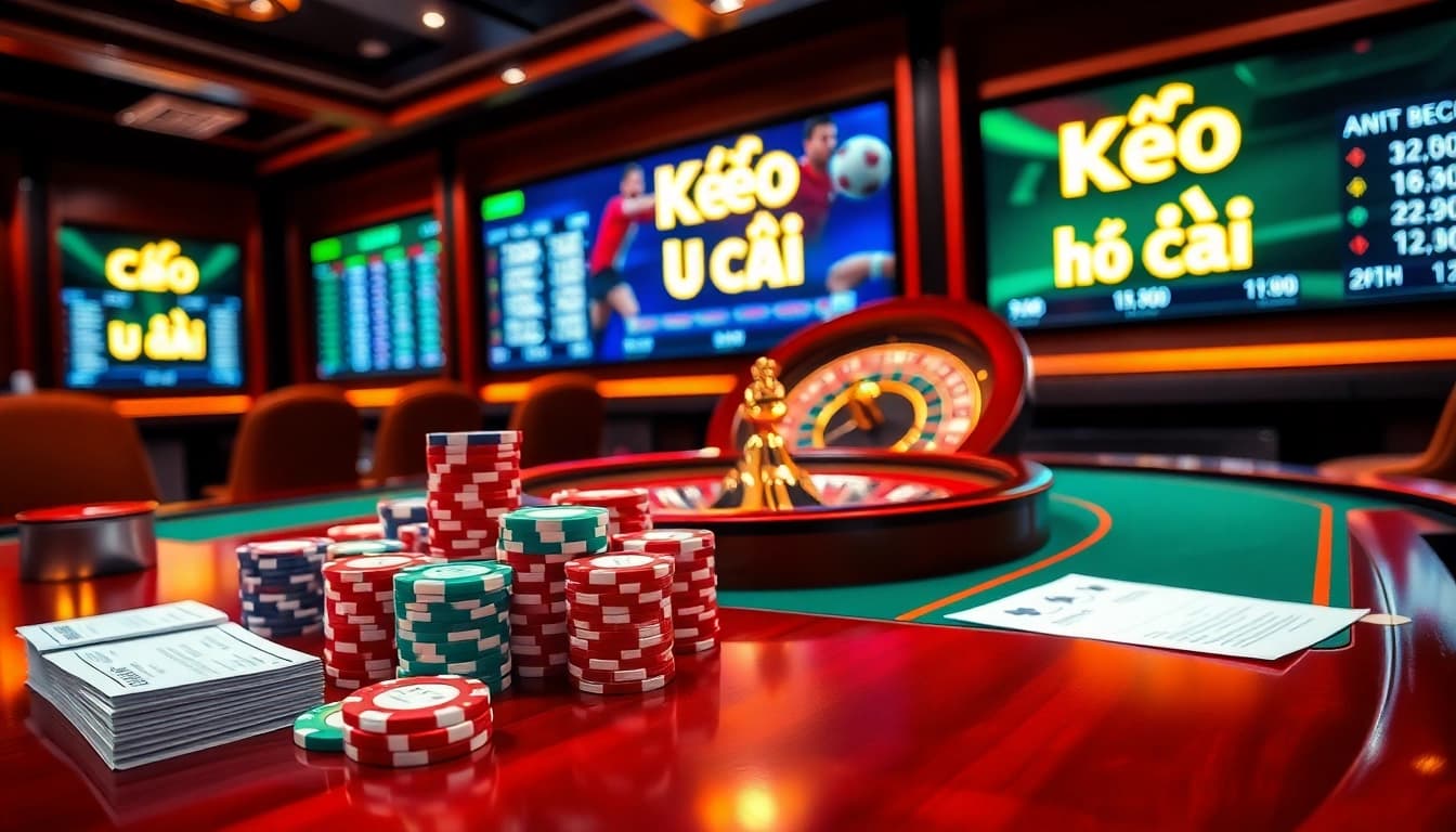 Kèo Nhà Cái displayed on modern betting screens alongside poker chips at a luxurious casino.