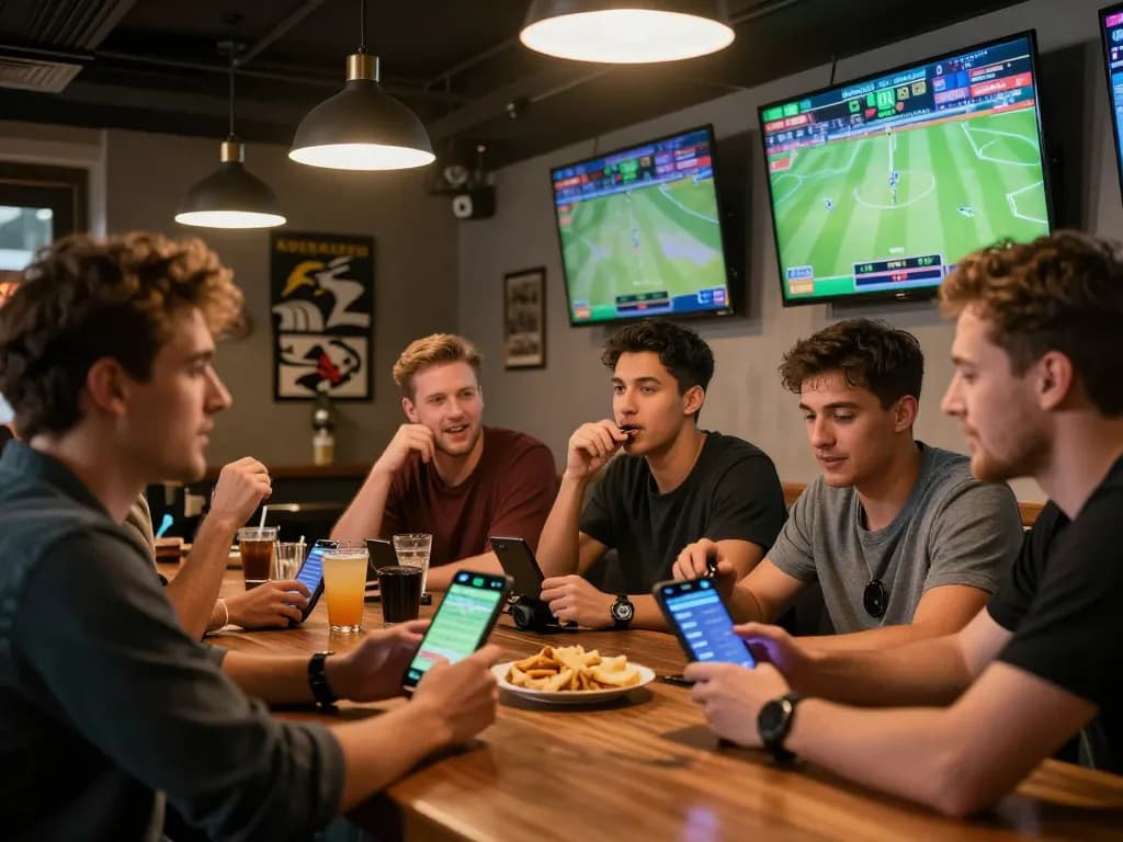 Friends passionately placing bets on sports games at the bar while enjoying drinks, bl555 at the center of their excitement.