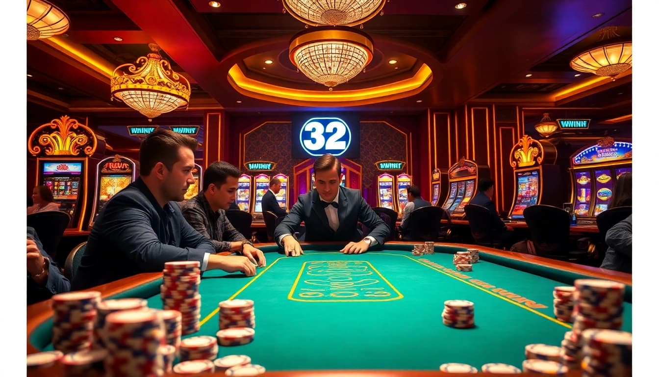 32WIN players enjoying a thrilling poker game in a luxurious casino setting with vibrant lights.