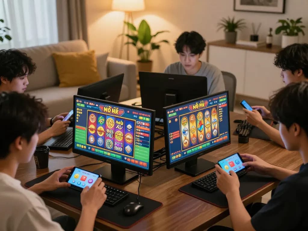Nổ hũ players enjoy a vibrant mobile gaming session in a cozy living room.