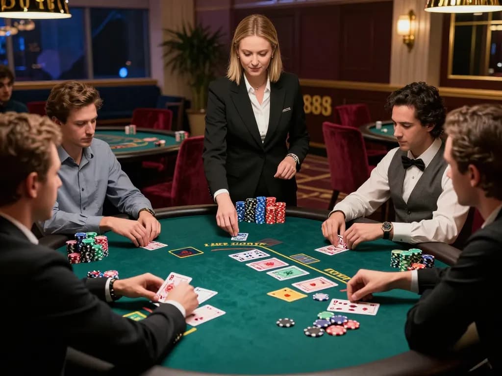 Players strategically placing bets at the U888 Blackjack table in a luxurious casino setting