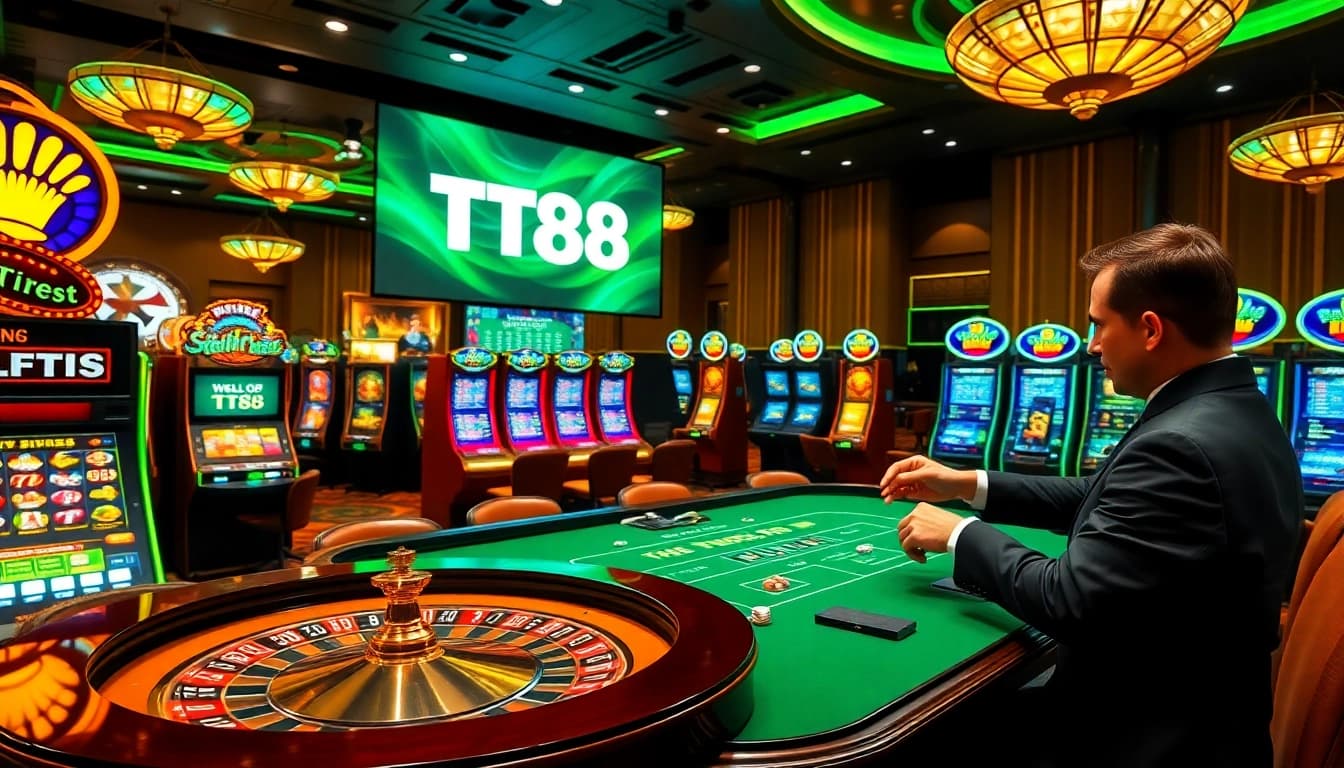 Players enjoying a lively casino experience at TT88 with roulette, cards, and poker chips.