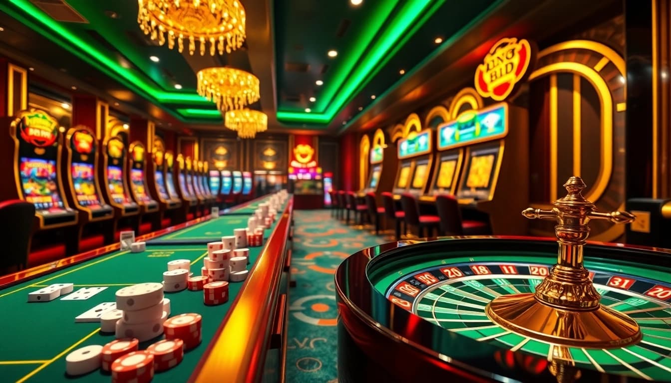 Exciting online gambling scene with vibrant tables and captivating slot machines at bong 88.