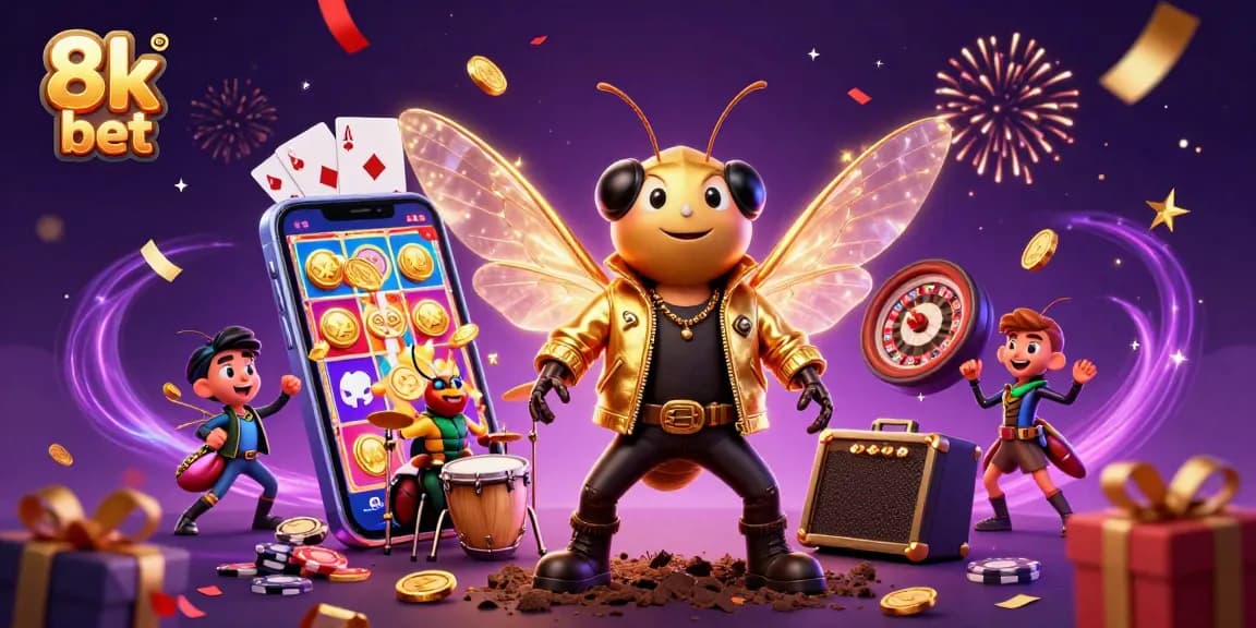 Experience 8k bet excitement with a vibrant 3D casino scene showcasing a rock star, drummer, and crickets.