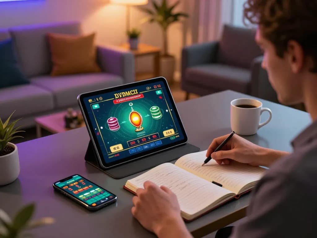 Engaging in online gaming with tr88seo, a player reviews betting strategies on a tablet while placing bets.