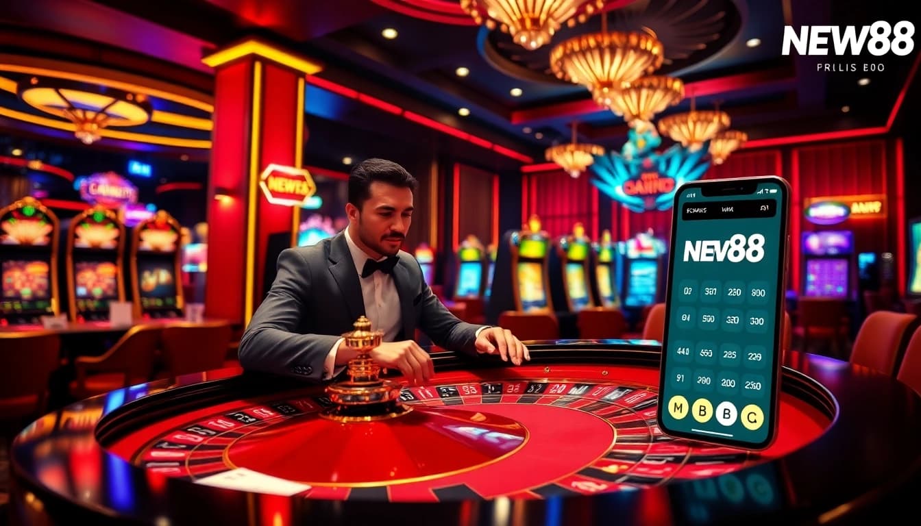 Experience the excitement of gaming at the Link NEW88 casino with friends, chips, and a roulette wheel.