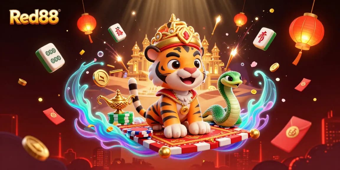 Experience the thrill of Red88 with a vibrant casino-themed 3D illustration packed with dynamic elements.