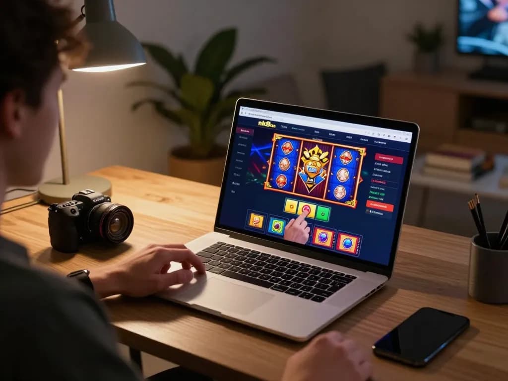 Engaging user playing on nk88 com online casino interface at home.