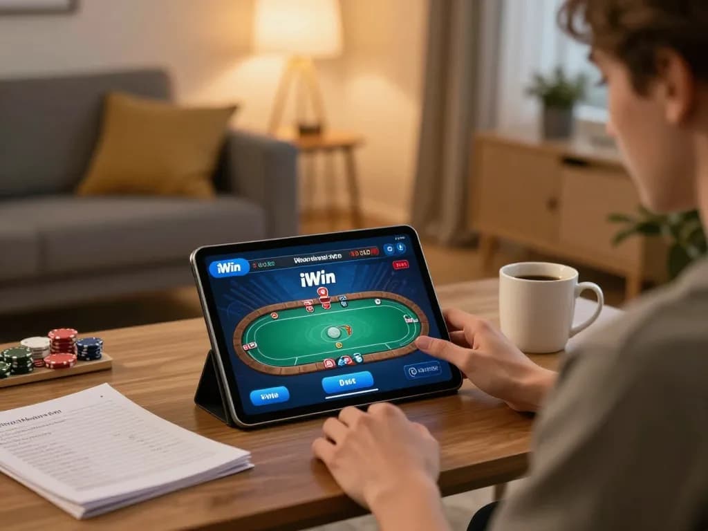 Engaging in iWin online poker, a player strategically manages their bets on a tablet in a cozy home environment.