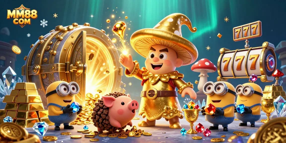 Join the gaming fun with MM88 COM in a vibrant casino illustration featuring magical treasures.