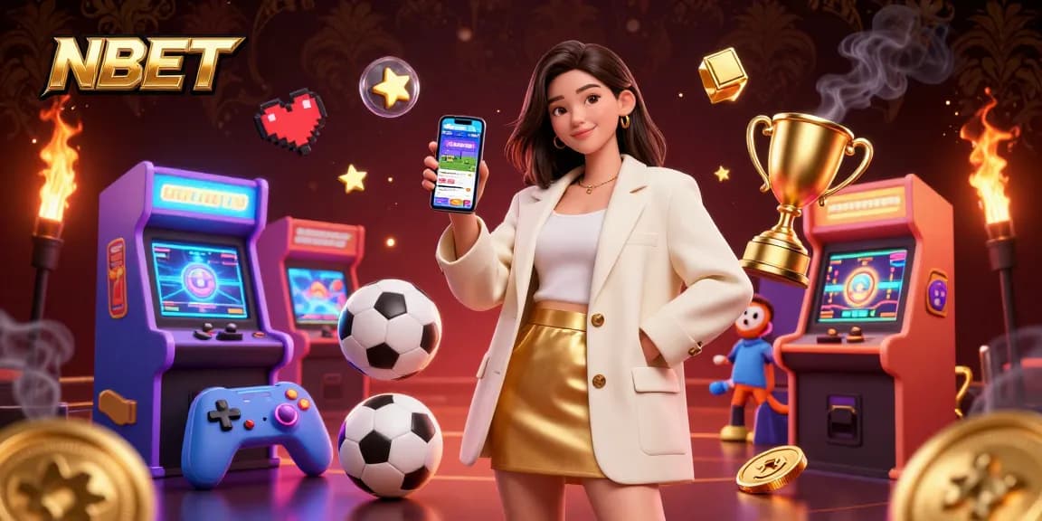 Experience thrilling betting with NBET as an Asian woman engages with a sports betting app in a vibrant casino illustration.