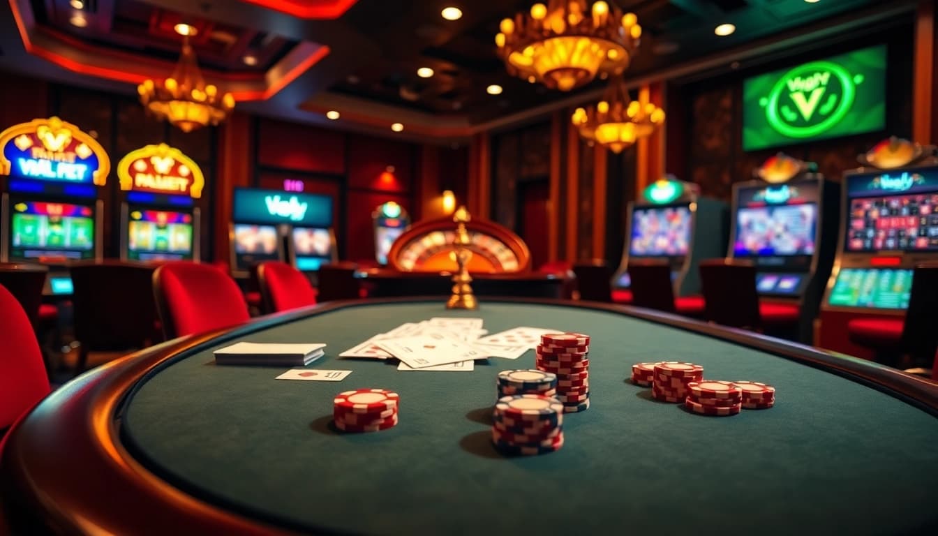 Exciting gambling scene with vaoluoi tv branding at an elegant casino table featuring poker chips and cards.