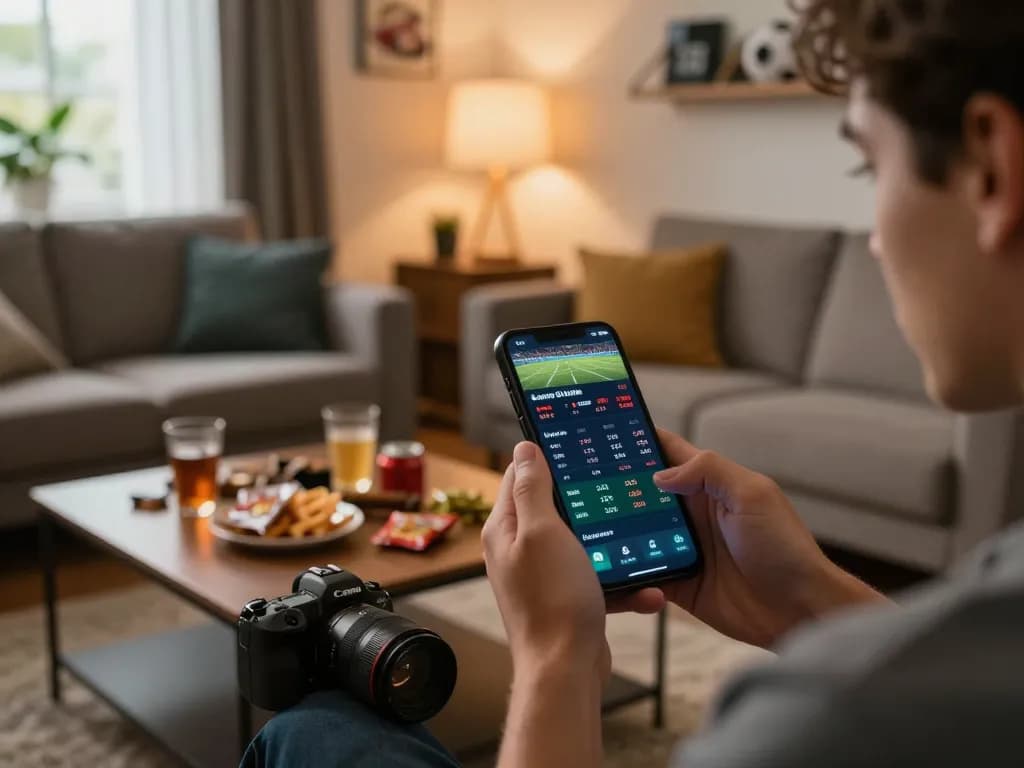 Engaged user placing bets on the f168 sports betting app, showcasing a modern home environment filled with excitement.