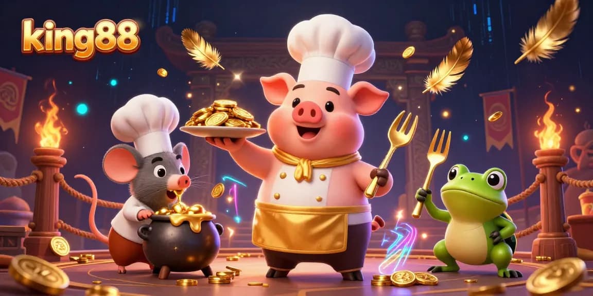 Experience the excitement of king88 with a chef pig serving gold coins amidst dynamic casino elements.