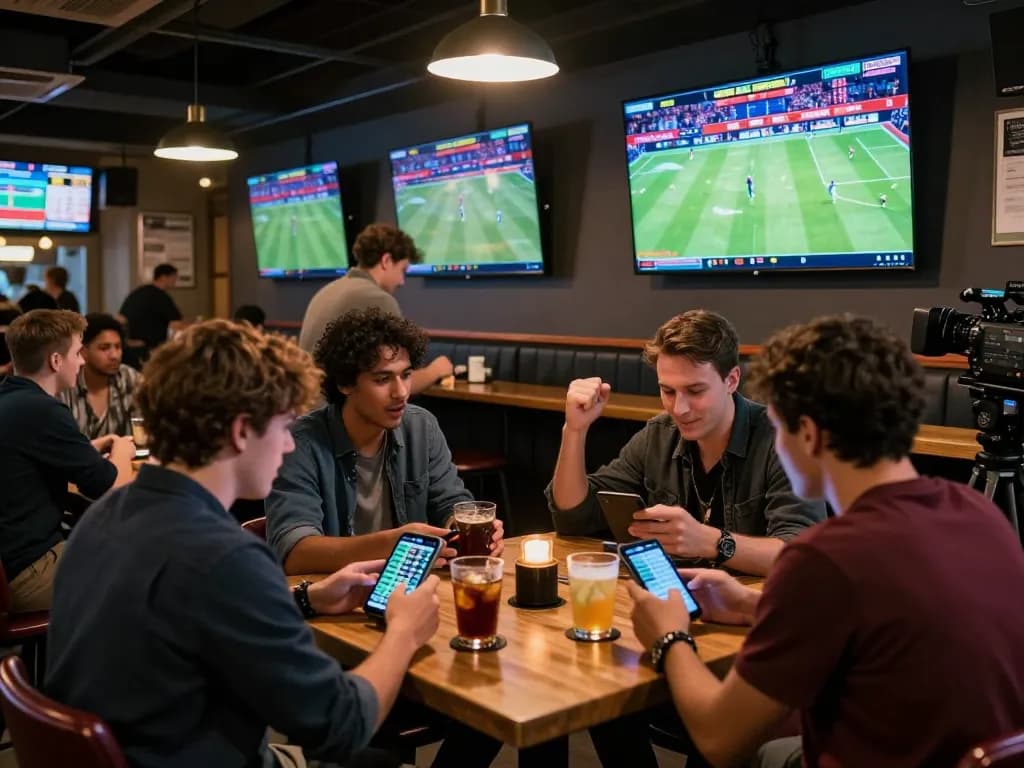 Cá Độ Bóng Đá betting scene in a vibrant sports bar with friends discussing strategies.