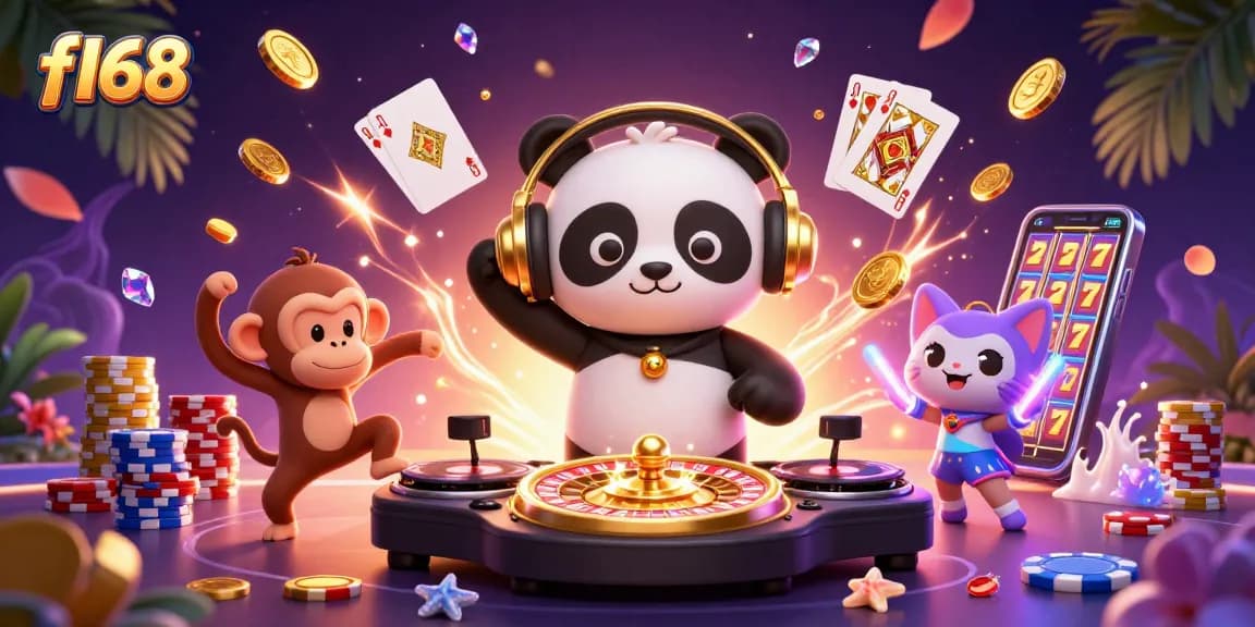 Experience thrilling gaming action with f168 as playful characters celebrate wins in a vibrant casino scene.
