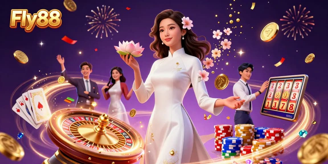 Fly88 online casino illustration showcasing elegant Asian woman amidst cascading coins and a vibrant gambling atmosphere.