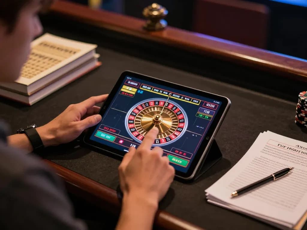 F168 gameplay analysis on a tablet while studying roulette strategies for better odds.