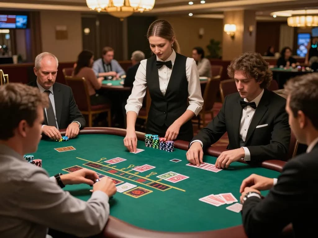 Players enjoying a lively game at KKBD Casino's blackjack table, showcasing professional dealers.
