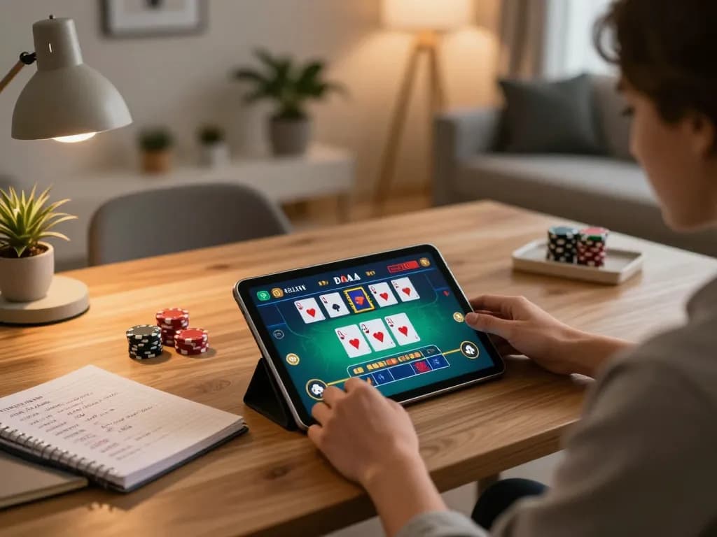 Player enjoying poker at home with LV88 app displayed on tablet, showcasing strategic gameplay.