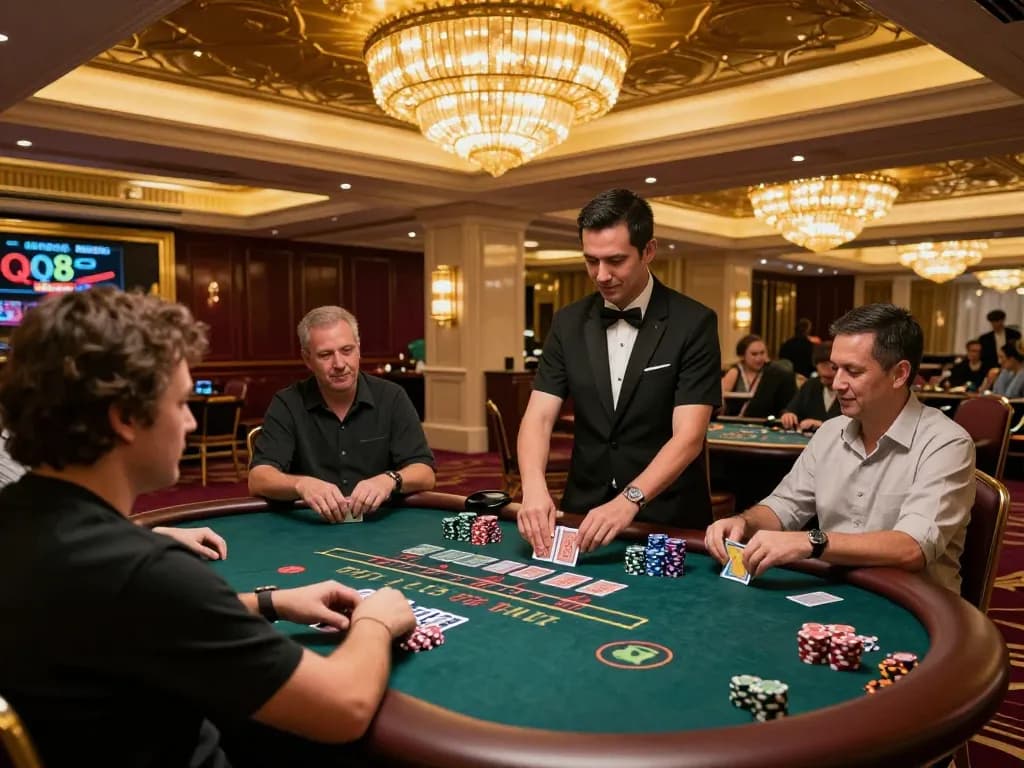 QQ88 players enjoying a high-stakes blackjack game in a luxurious casino environment.