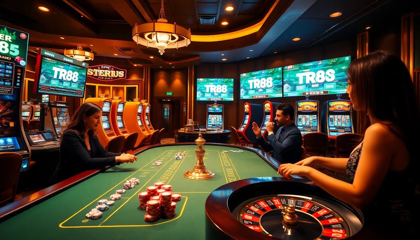 TR88 gaming scene featuring vibrant casino tables and professional dealers engaged in thrilling gameplay.
