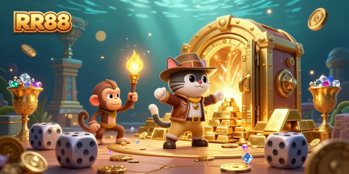 Join the RR88 adventure with a cat archeologist and monkey companion uncovering golden casino treasures.