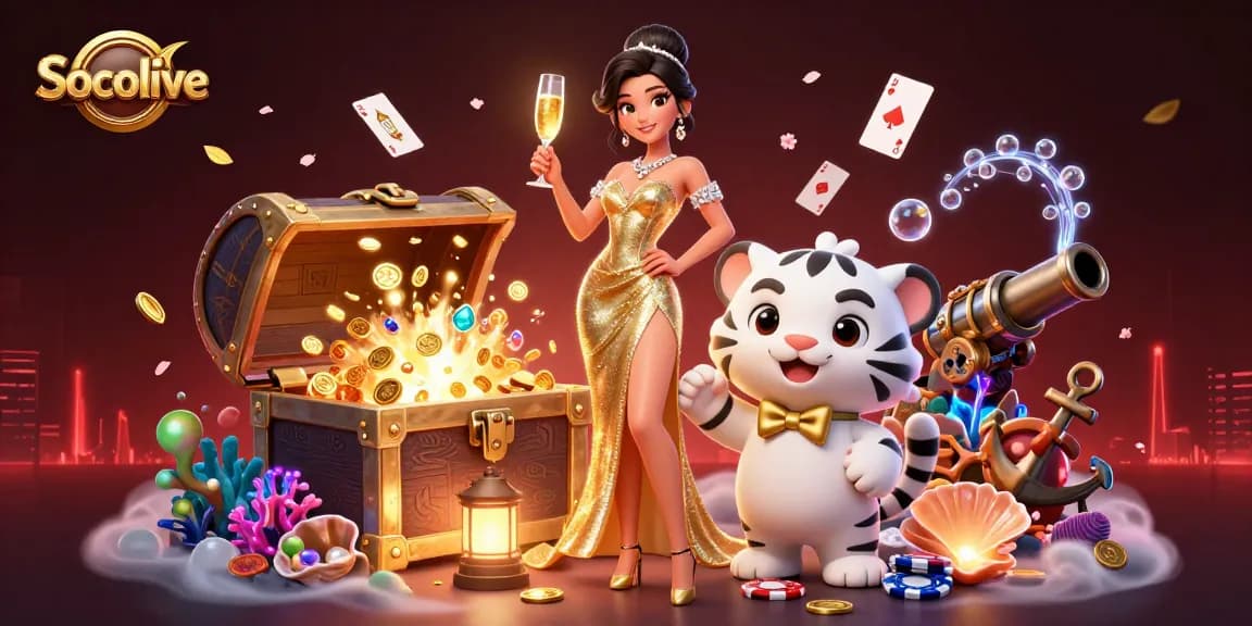 Socolive offers thrilling online betting with a glamorous scene of a woman and a lucky tiger amidst poker chips and gold coins.