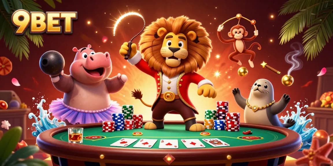 Experience the exciting games at 9BET with engaging characters in a vibrant casino scene.