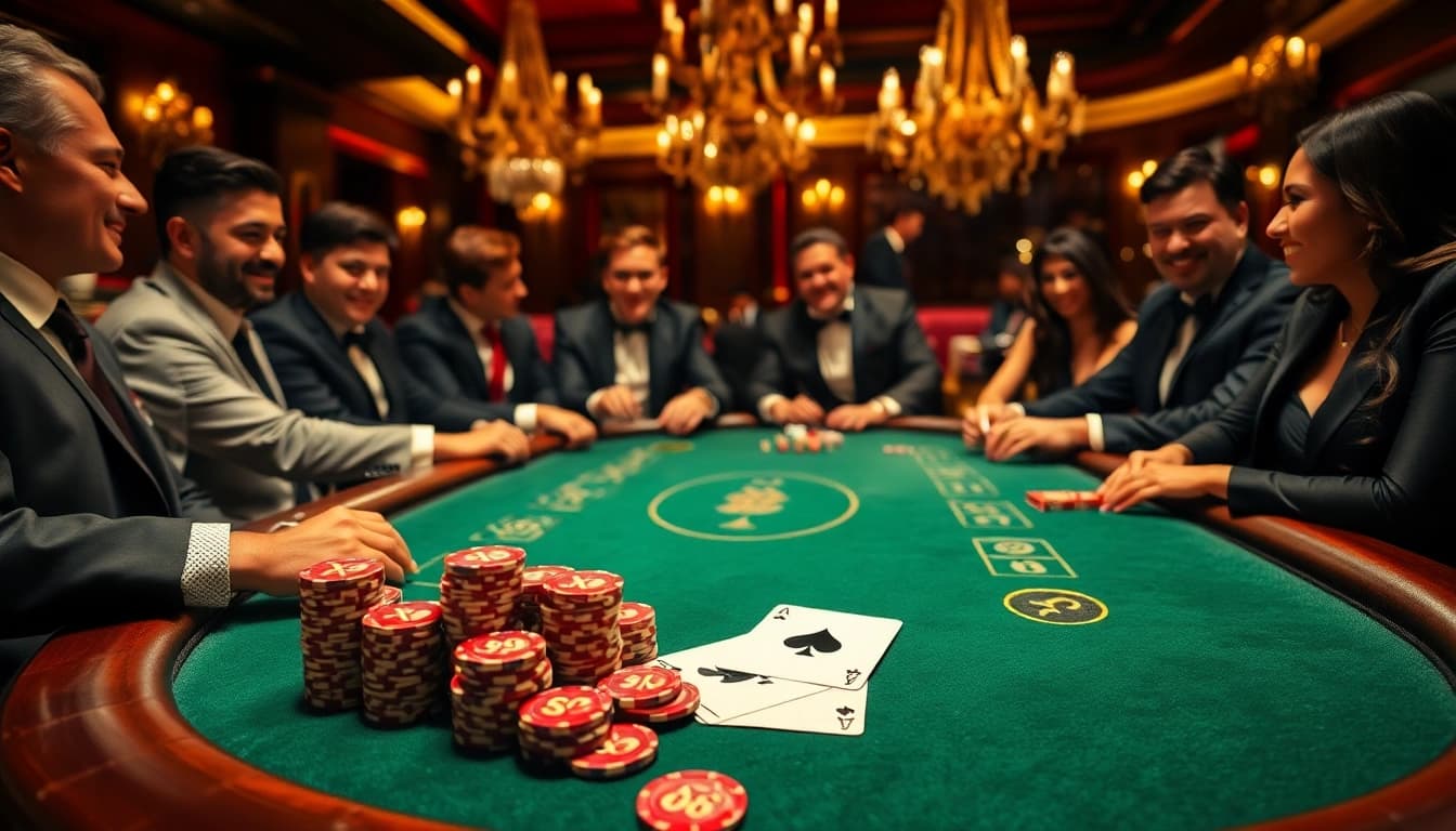 Players enjoy an exciting game with X 88 poker chips at a luxurious casino table.