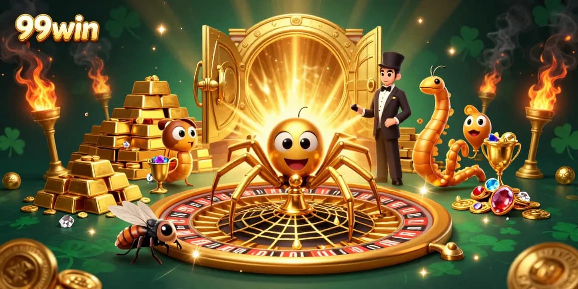 Watch the 99win spider spinning roulette, illuminating treasures in a thrilling casino scene.
