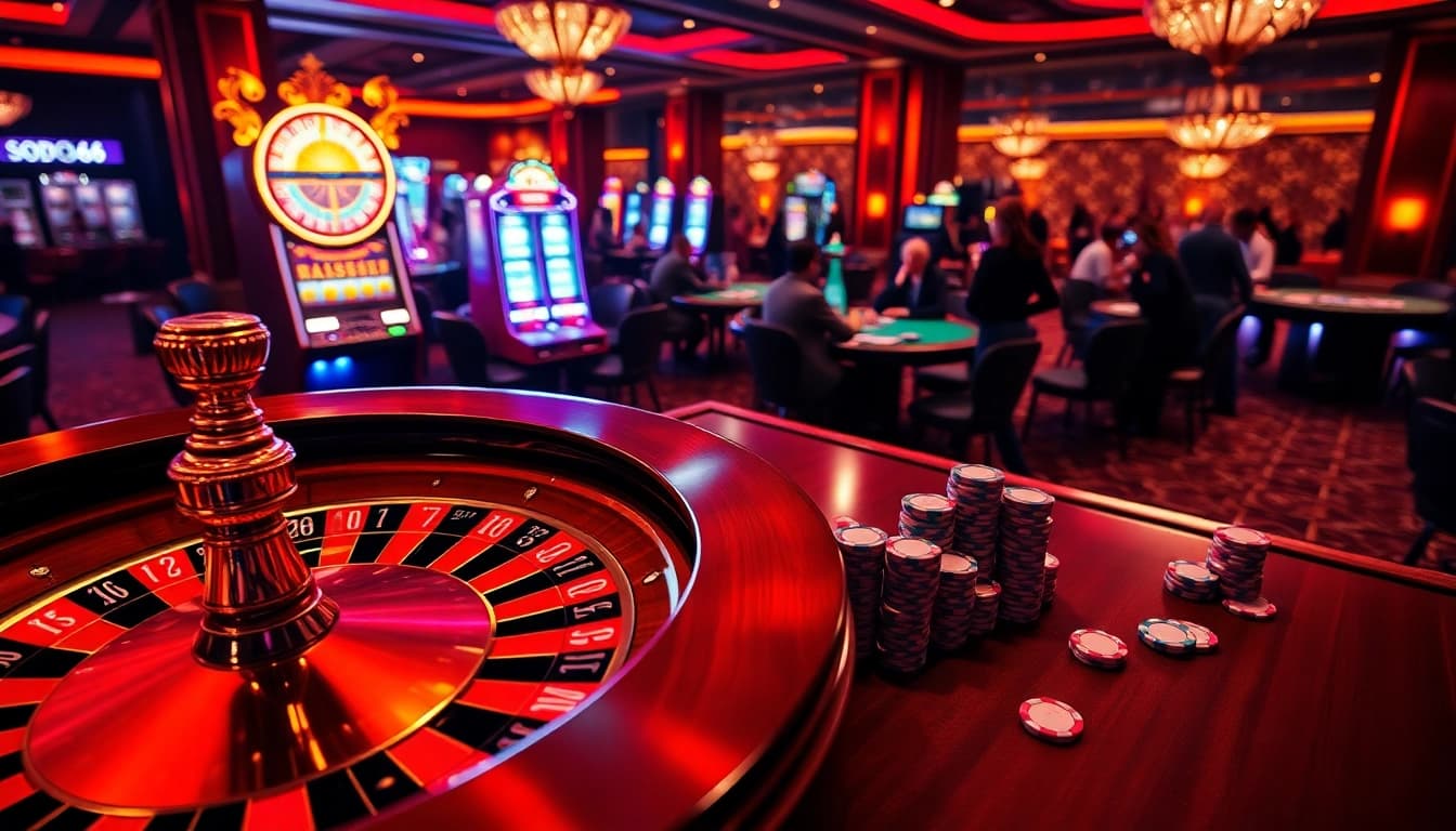 Experience the excitement of SODO66 casino with vibrant poker chips and a spinning roulette wheel.