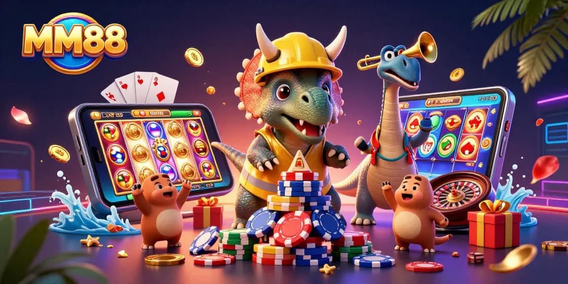Engage in thrilling MM88 gaming with a vibrant scene featuring a triceratops and exciting casino elements.