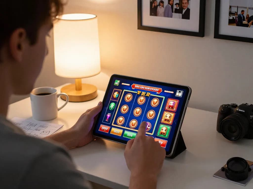 Player enjoying online casino games at home on a tablet, showcasing 78wintl gaming interface.